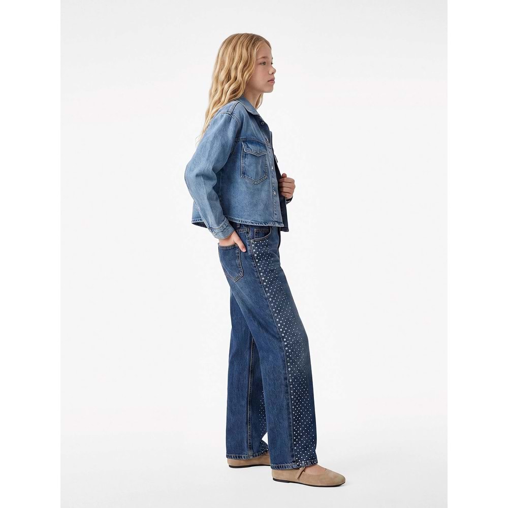 Taşlı Geniş Paça Denim Pantolon 7WKG40055AD - KOTON - ORTA İNDİGO - 6-7