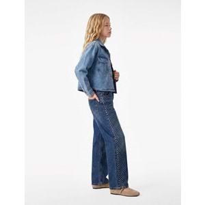 Taşlı Geniş Paça Denim Pantolon 7WKG40055AD - KOTON - ORTA İNDİGO - 6-7