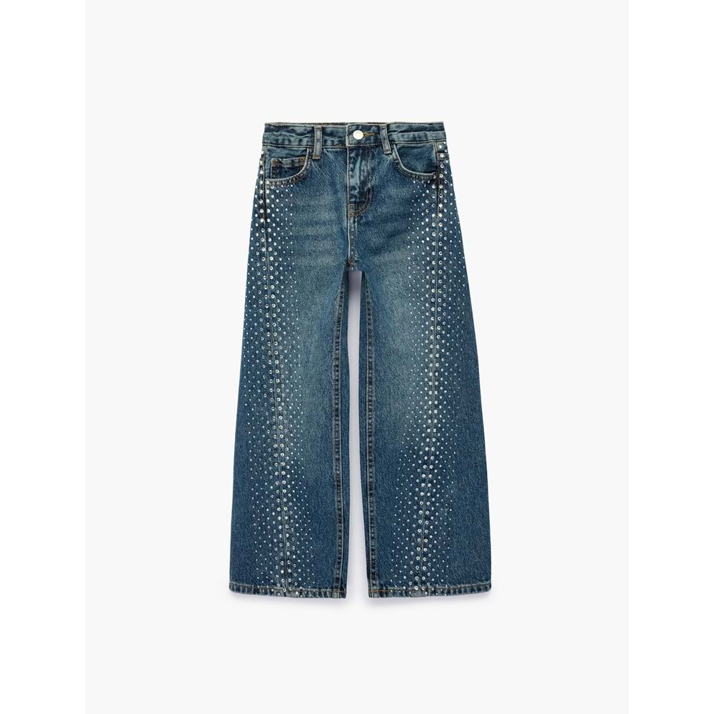 Taşlı Geniş Paça Denim Pantolon 7WKG40055AD - KOTON - ORTA İNDİGO - 6-7