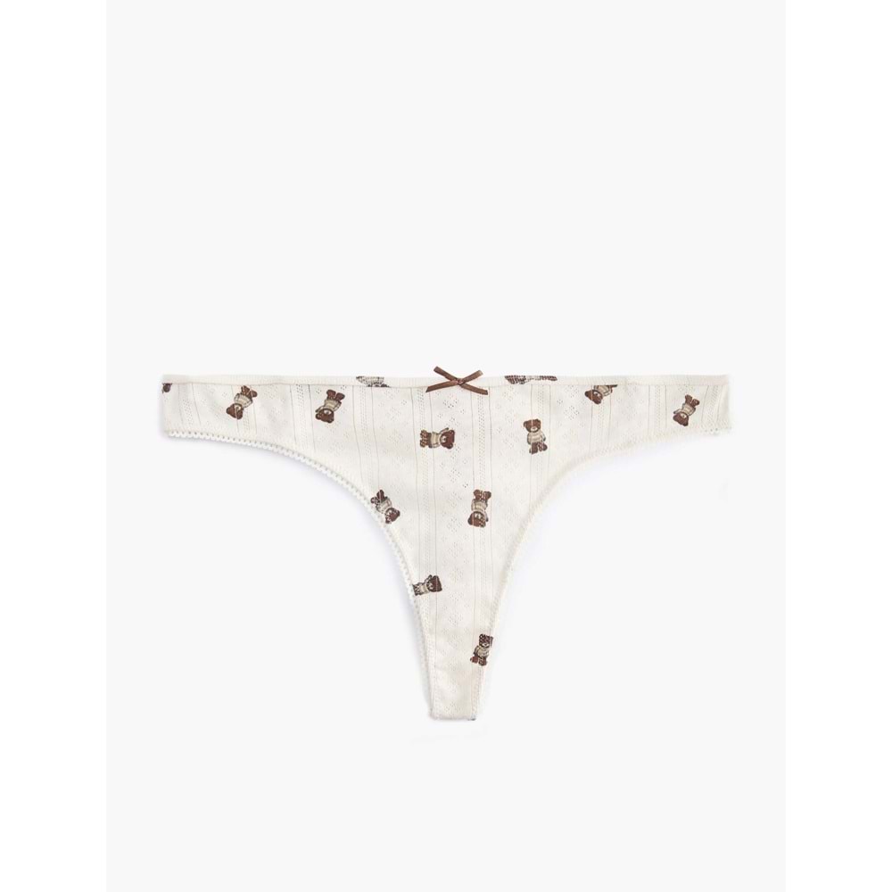 Fiyonklu Pamuklu Ayıcık Baskılı String Külot 7WLK30067MK - KOTON - EKRU DESENLİ - L