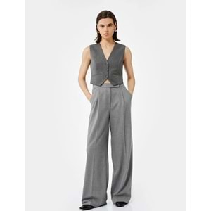 Kadın Giyim Cepli Pile Detaylı Yüksek Bel Geniş Paça Baggy Kumaş Pantolon - KOTON - 6WAK40033UW - GRİ - 34