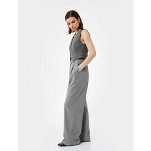 Kadın Giyim Cepli Pile Detaylı Yüksek Bel Geniş Paça Baggy Kumaş Pantolon - KOTON - 6WAK40033UW - GRİ - 34