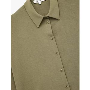 Kadın Giyim Aerobin Kumaş Düğmeli Klasik Yaka Uzun Kollu Oversize Gömlek - KOTON - 6WAL60004IW - HAKİ - 34