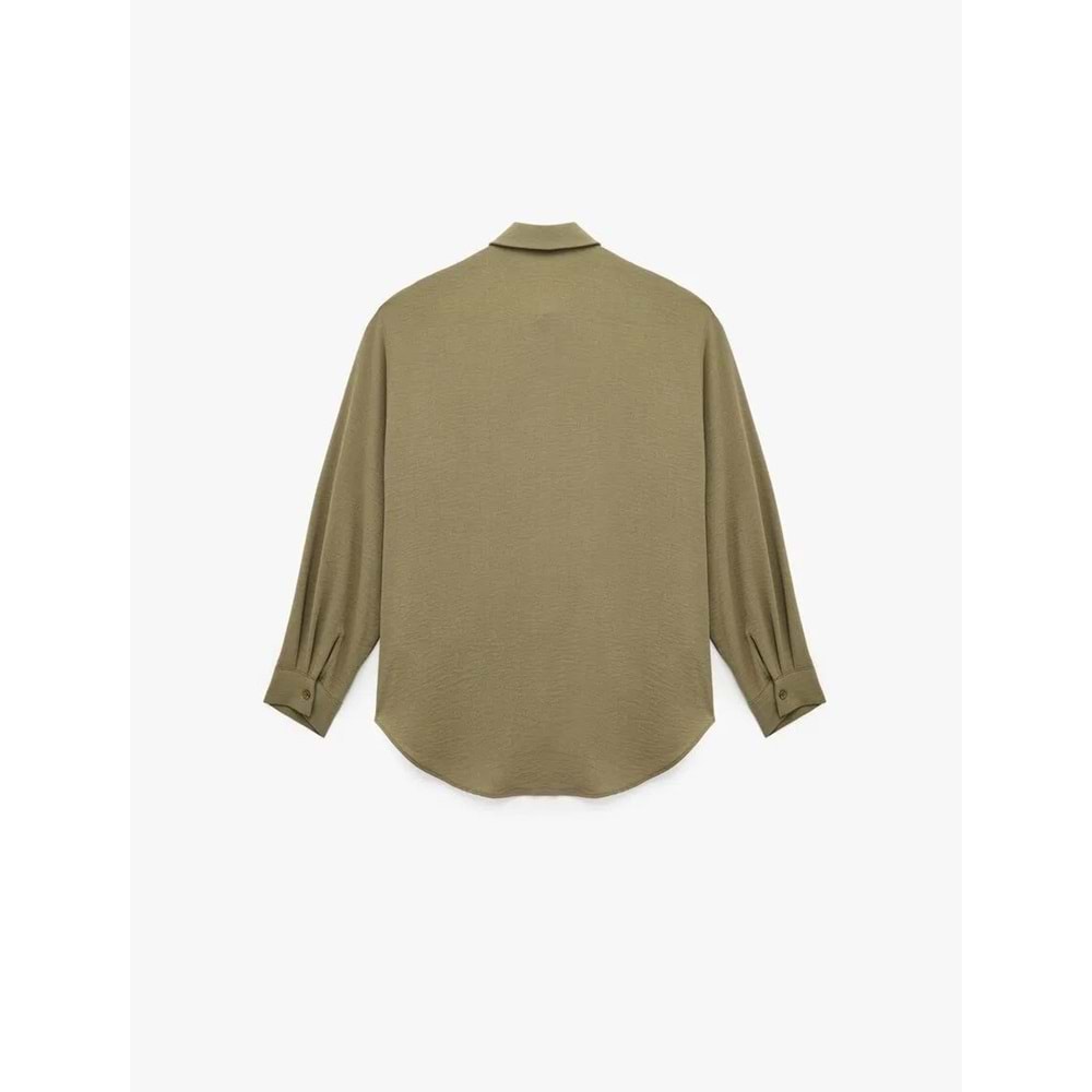 Kadın Giyim Aerobin Kumaş Düğmeli Klasik Yaka Uzun Kollu Oversize Gömlek - KOTON - 6WAL60004IW - HAKİ - 34