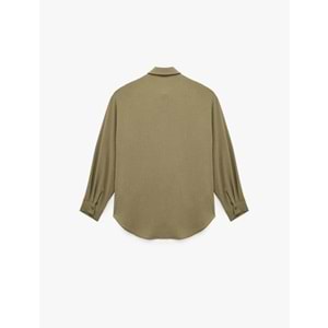 Kadın Giyim Aerobin Kumaş Düğmeli Klasik Yaka Uzun Kollu Oversize Gömlek - KOTON - 6WAL60004IW - HAKİ - 34