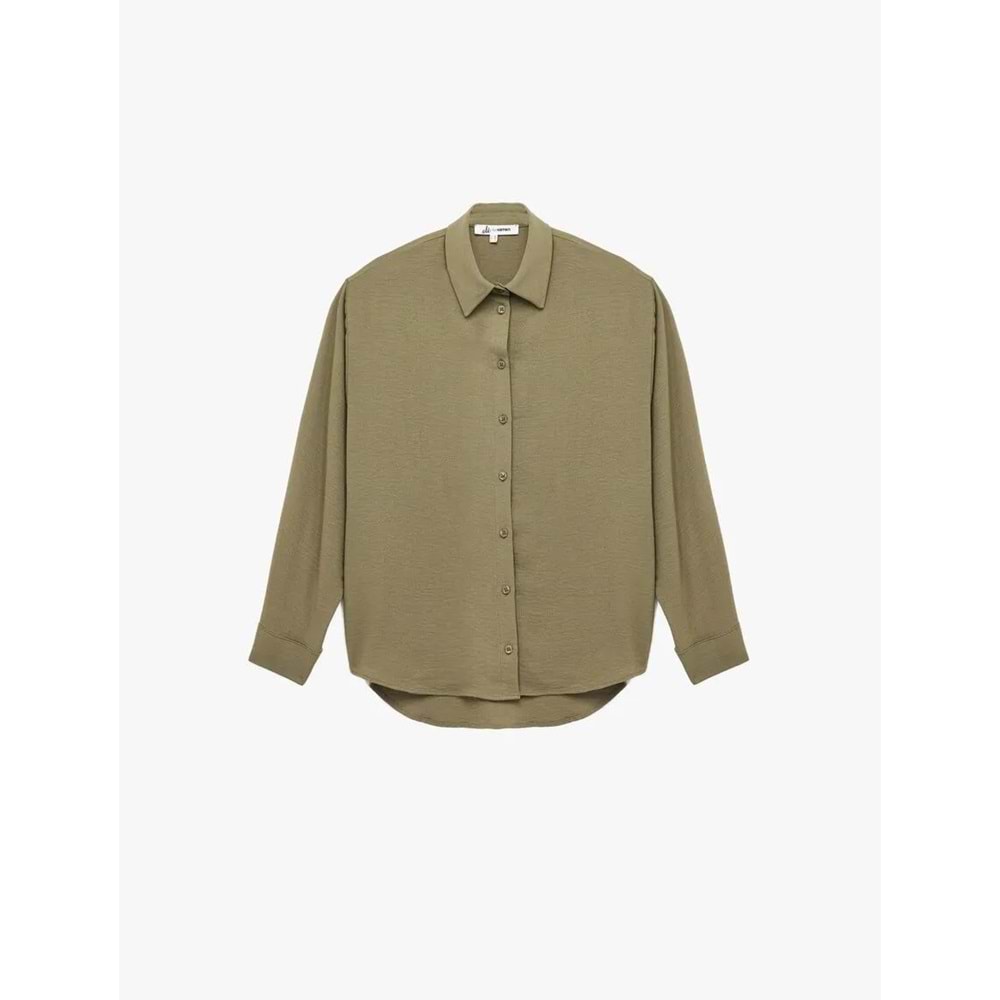 Kadın Giyim Aerobin Kumaş Düğmeli Klasik Yaka Uzun Kollu Oversize Gömlek - KOTON - 6WAL60004IW - HAKİ - 34