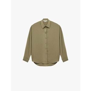 Kadın Giyim Aerobin Kumaş Düğmeli Klasik Yaka Uzun Kollu Oversize Gömlek - KOTON - 6WAL60004IW - HAKİ - 34