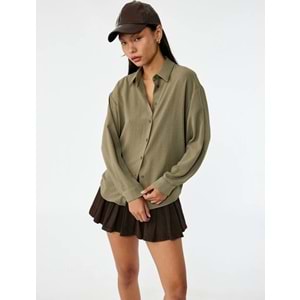 Kadın Giyim Aerobin Kumaş Düğmeli Klasik Yaka Uzun Kollu Oversize Gömlek - KOTON - 6WAL60004IW - HAKİ - 34