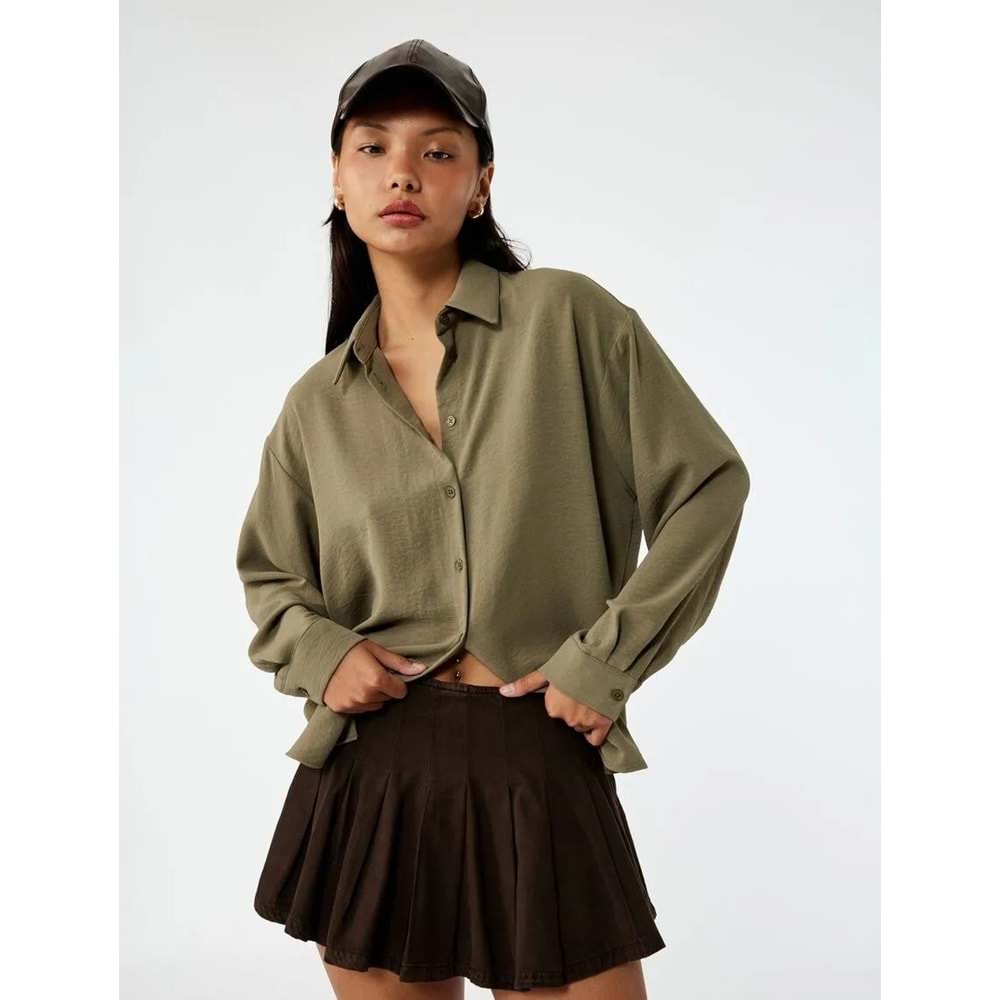 Kadın Giyim Aerobin Kumaş Düğmeli Klasik Yaka Uzun Kollu Oversize Gömlek - KOTON - 6WAL60004IW - HAKİ - 34