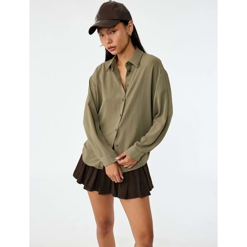 Kadın Giyim Aerobin Kumaş Düğmeli Klasik Yaka Uzun Kollu Oversize Gömlek - KOTON - 6WAL60004IW - HAKİ - 36