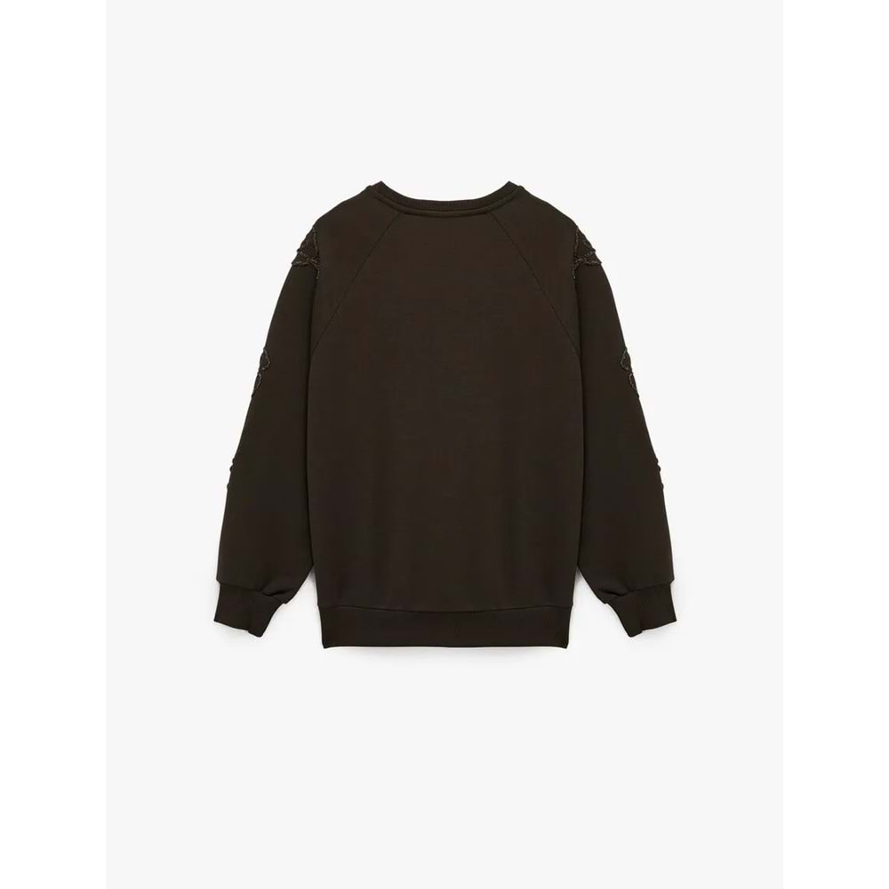 Kadın Giyim Uzun Kollu Bisiklet Yaka Çiçekli Boncuk Nakış Detaylı Oversize Sweatshirt - KOTON - 6WAK10027EK - KAHVERENGİ - S