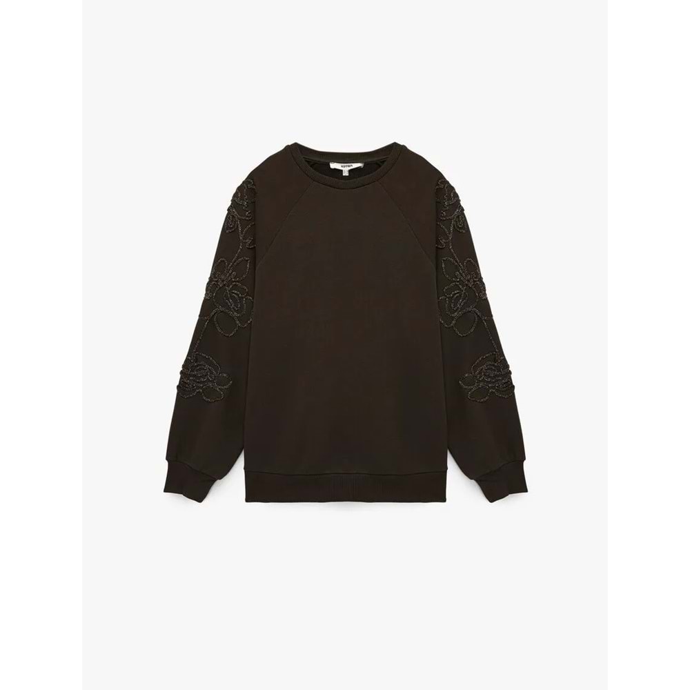 Kadın Giyim Uzun Kollu Bisiklet Yaka Çiçekli Boncuk Nakış Detaylı Oversize Sweatshirt - KOTON - 6WAK10027EK - KAHVERENGİ - S