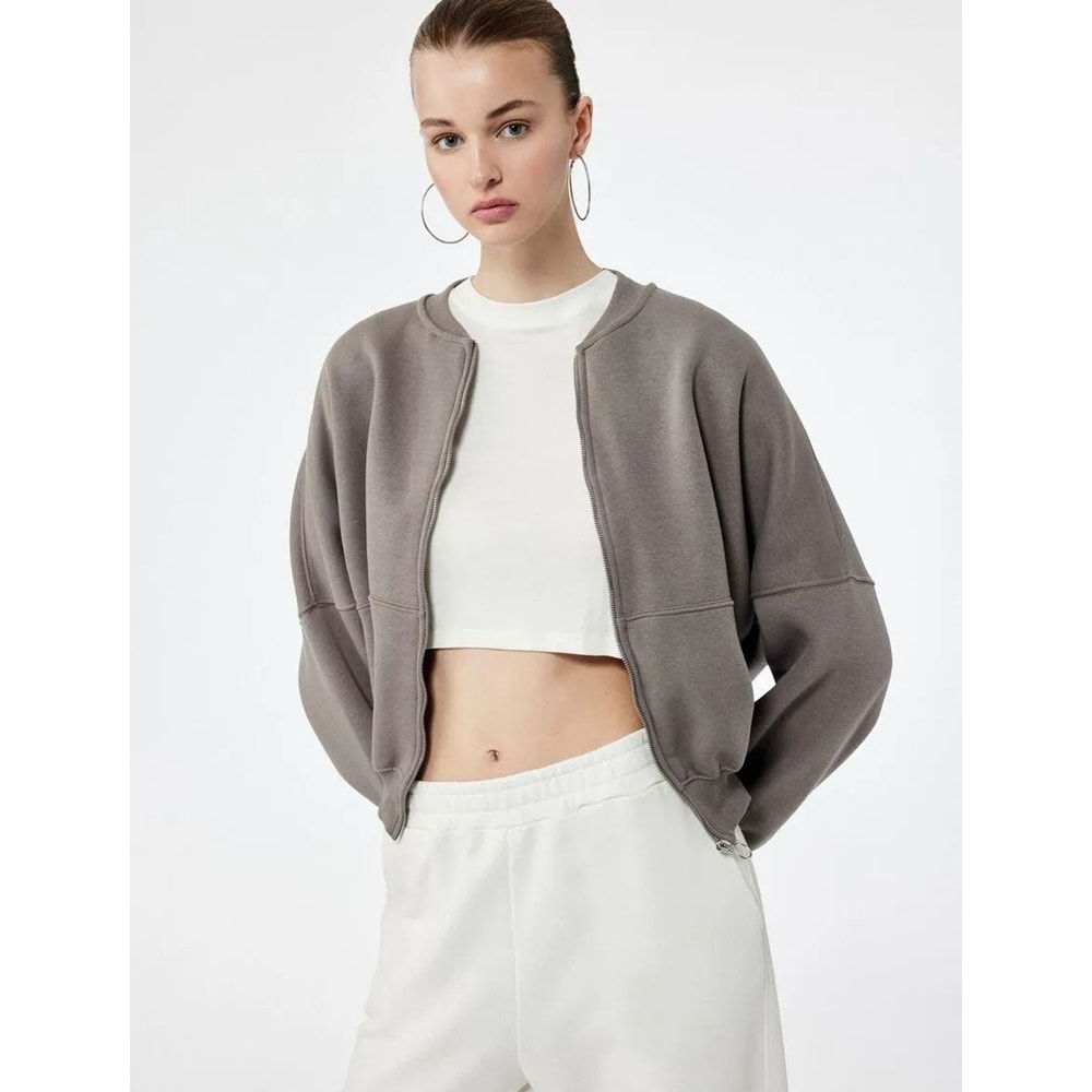 Kadın Giyim Üç İplik Şardonlu Uzun Kollu Fermuarlı Bomber Yaka Sweatshirt - KOTON - 6WAL10126IK - GRİ - M