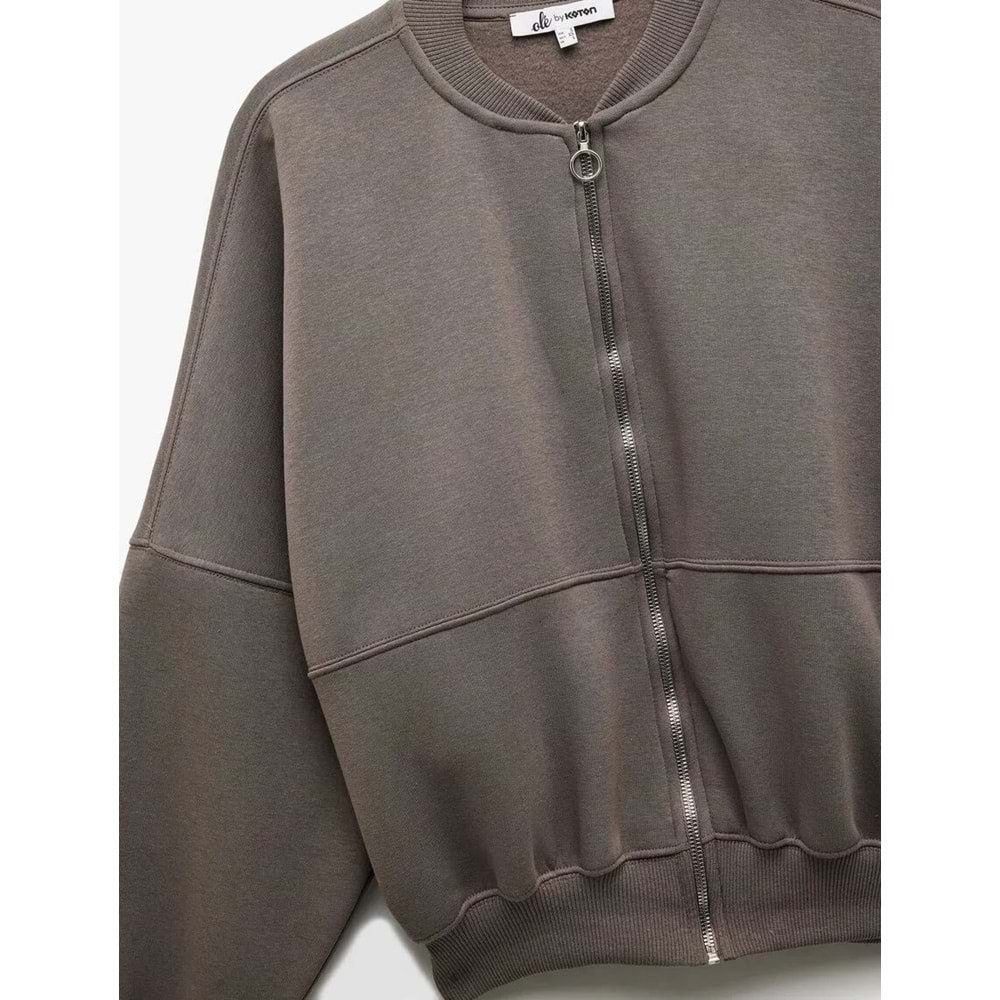 Kadın Giyim Üç İplik Şardonlu Uzun Kollu Fermuarlı Bomber Yaka Sweatshirt - KOTON - 6WAL10126IK - GRİ - M