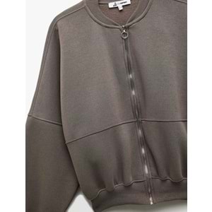 Kadın Giyim Üç İplik Şardonlu Uzun Kollu Fermuarlı Bomber Yaka Sweatshirt - KOTON - 6WAL10126IK - GRİ - M