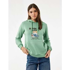 Kadın Giyim Kanguru Cep Detaylı Şardonlu Kedi Baskılı Kapüşonlu Sweatshirt - KOTON - 6WAL10128IK - MİNT - S