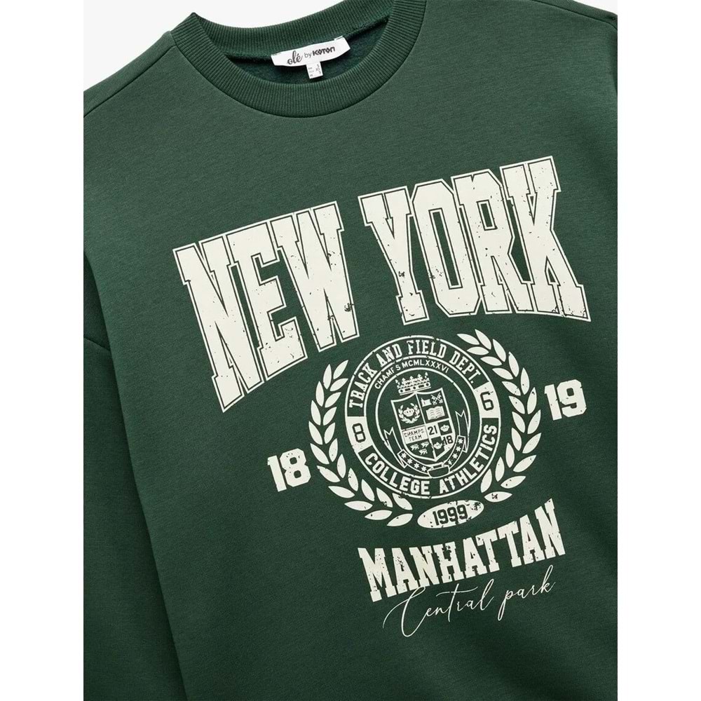 Kadın Giyim Şardonlu Baskılı Uzun Kollu Bisiklet Yaka Oversize Sweatshirt - KOTON - 6WAL10138IK - YEŞİL - M