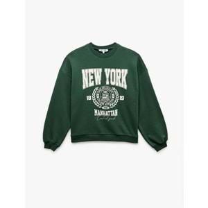 Kadın Giyim Şardonlu Baskılı Uzun Kollu Bisiklet Yaka Oversize Sweatshirt - KOTON - 6WAL10138IK - YEŞİL - M