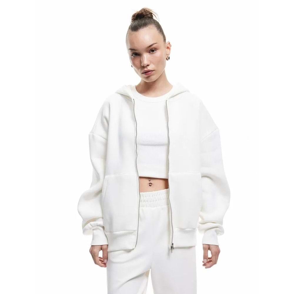 Kadın Giyim Şardonlu Kapşonlu Uzun Kollu Fermuarlı Sweatshirt - KOTON - 6WAL10200IK - EKRU - M