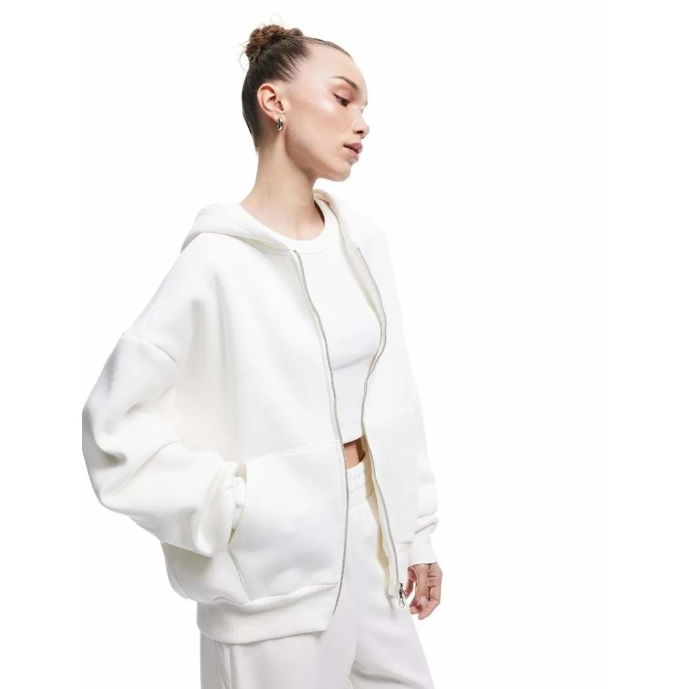 Kadın Giyim Şardonlu Kapşonlu Uzun Kollu Fermuarlı Sweatshirt - KOTON - 6WAL10200IK - EKRU - M