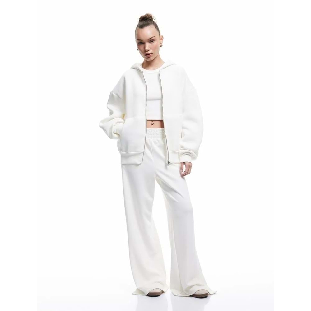 Kadın Giyim Şardonlu Kapşonlu Uzun Kollu Fermuarlı Sweatshirt - KOTON - 6WAL10200IK - EKRU - M