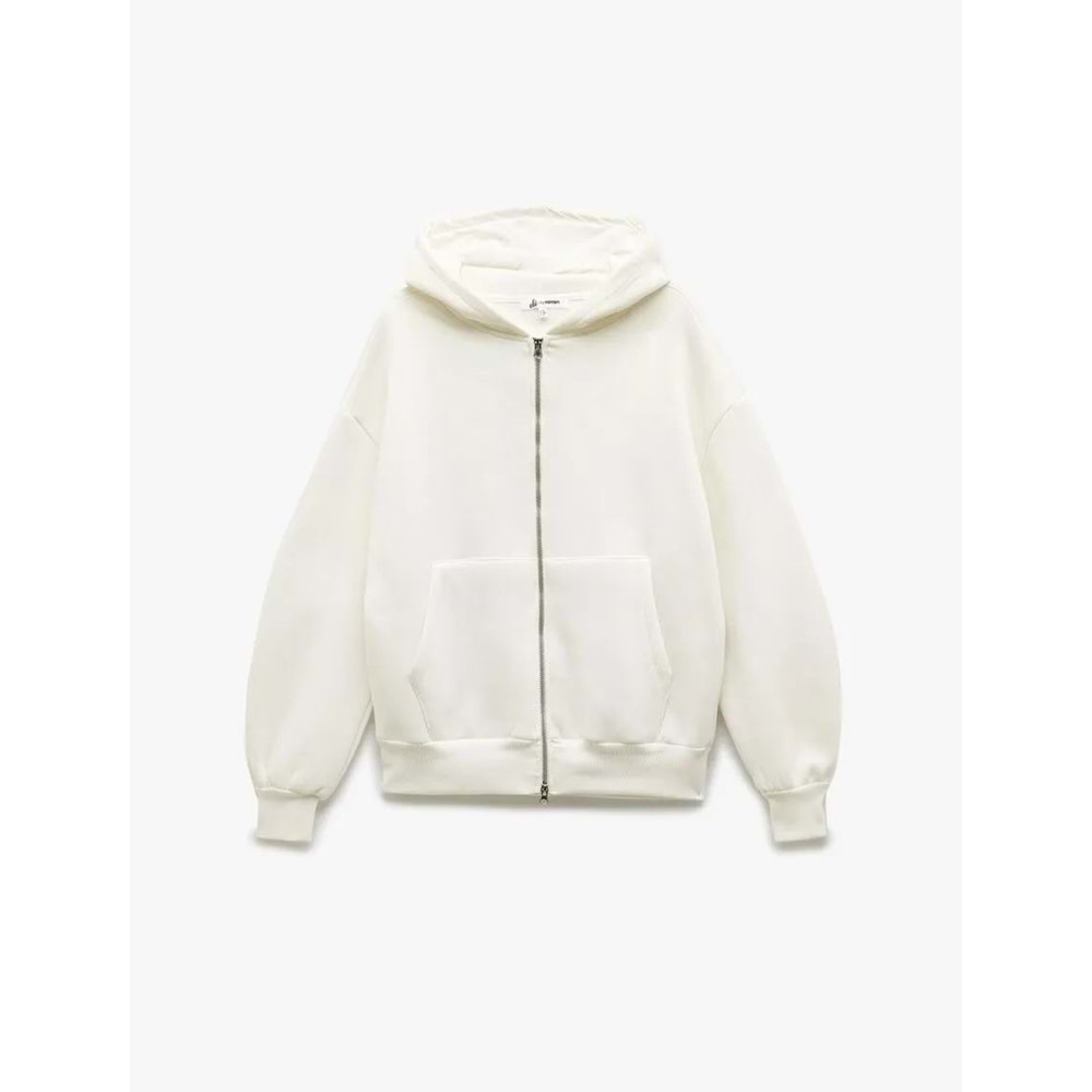 Kadın Giyim Şardonlu Kapşonlu Uzun Kollu Fermuarlı Sweatshirt - KOTON - 6WAL10200IK - EKRU - M