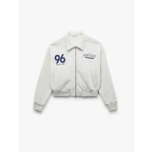 Kadın Giyim Şardonlu Uzun Kollu Cepli Arkası Baskılı Fermuarlı Sweatshirt - KOTON - 6WAL10203IK - KAR MELANJ - XS