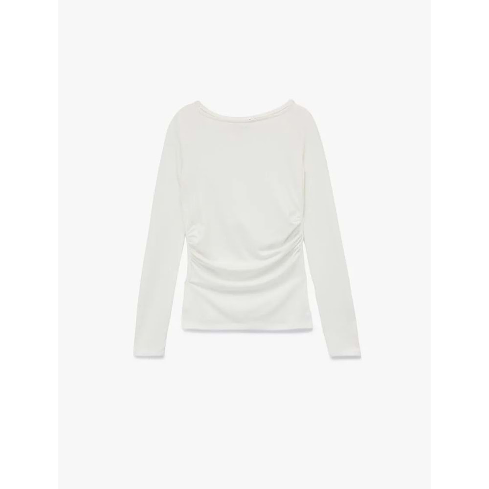 Kadın Giyim Kayık Yaka Drapeli Slim Fit Viskon Karışımlı Yırtmaçlı Uzun Kollu Tişört - KOTON - 6WAL10216IK - EKRU - M