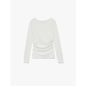 Kadın Giyim Kayık Yaka Drapeli Slim Fit Viskon Karışımlı Yırtmaçlı Uzun Kollu Tişört - KOTON - 6WAL10216IK - EKRU - M