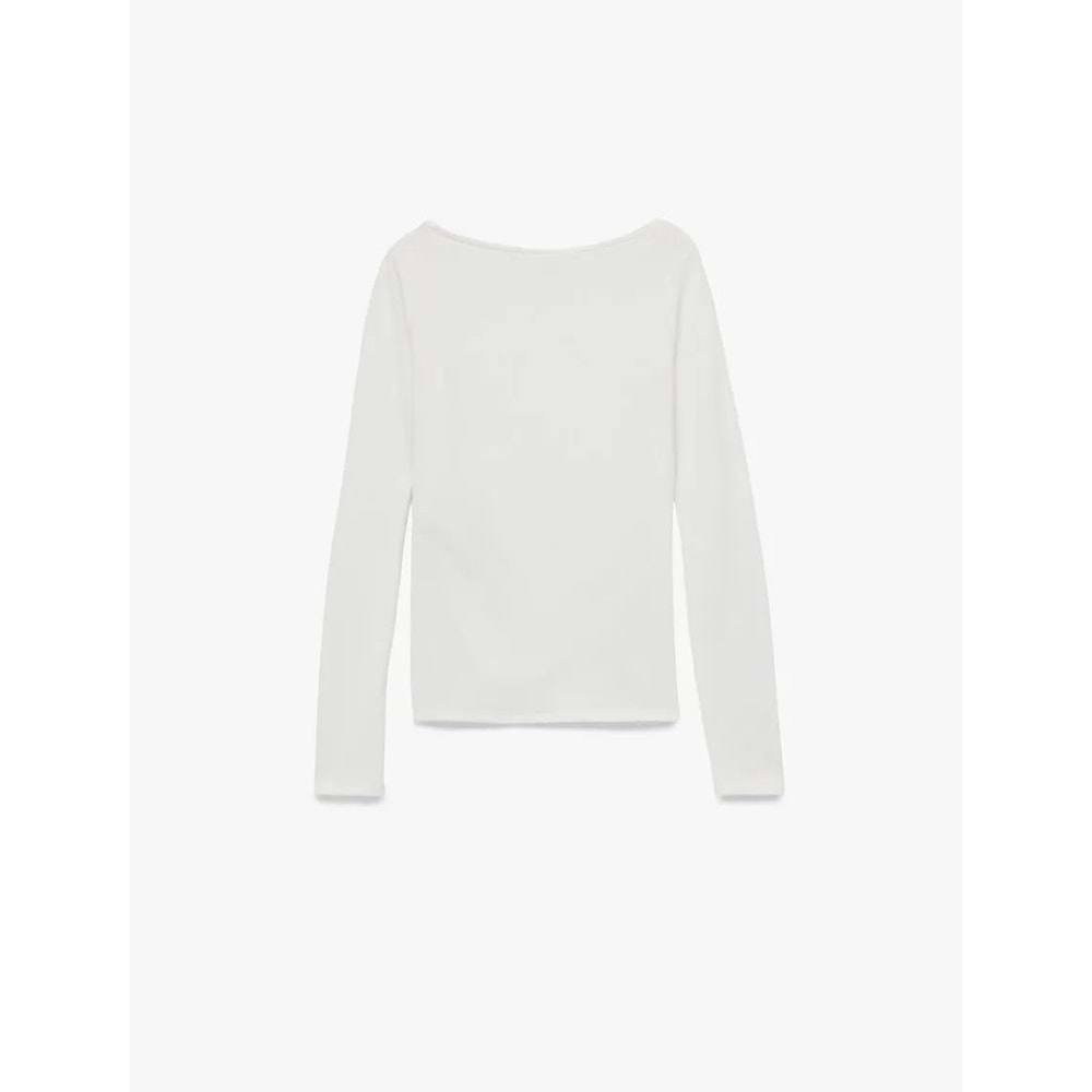 Kadın Giyim Kayık Yaka Drapeli Slim Fit Viskon Karışımlı Yırtmaçlı Uzun Kollu Tişört - KOTON - 6WAL10216IK - EKRU - M