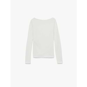 Kadın Giyim Kayık Yaka Drapeli Slim Fit Viskon Karışımlı Yırtmaçlı Uzun Kollu Tişört - KOTON - 6WAL10216IK - EKRU - M