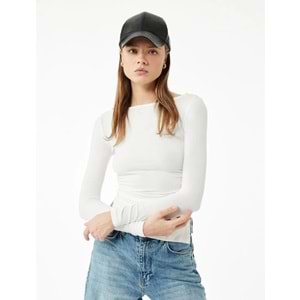 Kadın Giyim Kayık Yaka Drapeli Slim Fit Viskon Karışımlı Yırtmaçlı Uzun Kollu Tişört - KOTON - 6WAL10216IK - EKRU - M