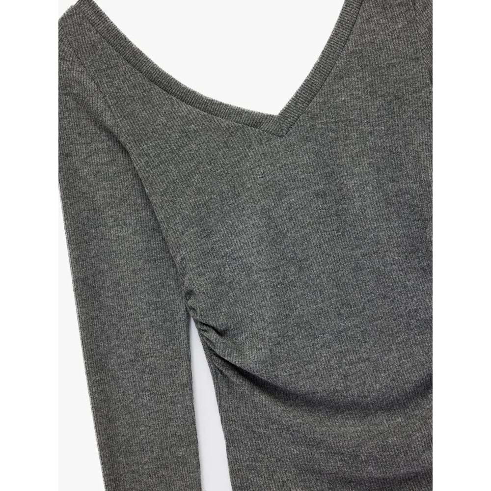 Kadın Giyim Viskon Karışımlı Slim Fit V Yaka Drape Detaylı Uzun Kollu Tişört - KOTON - 6WAL10217IK - ANTRASİT - L