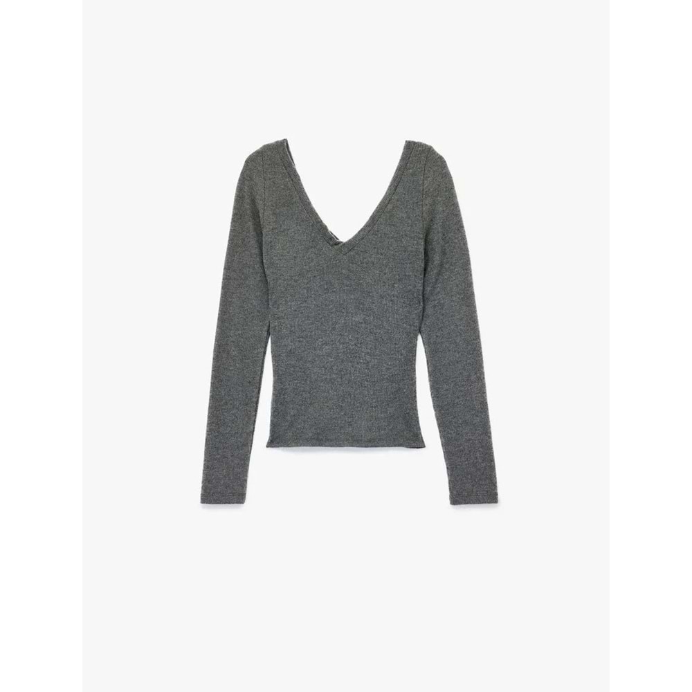 Kadın Giyim Viskon Karışımlı Slim Fit V Yaka Drape Detaylı Uzun Kollu Tişört - KOTON - 6WAL10217IK - ANTRASİT - L