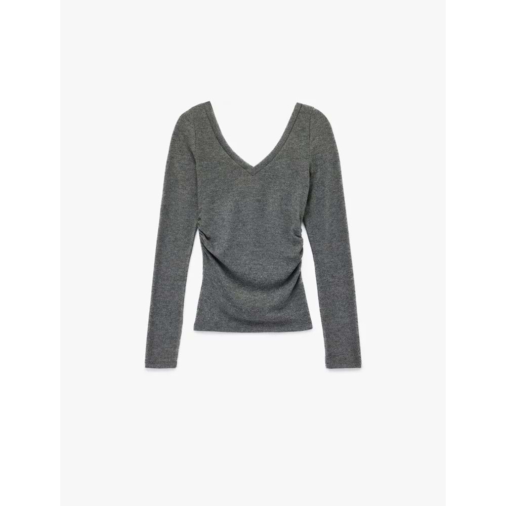 Kadın Giyim Viskon Karışımlı Slim Fit V Yaka Drape Detaylı Uzun Kollu Tişört - KOTON - 6WAL10217IK - ANTRASİT - L