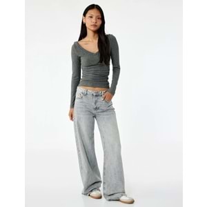 Kadın Giyim Viskon Karışımlı Slim Fit V Yaka Drape Detaylı Uzun Kollu Tişört - KOTON - 6WAL10217IK - ANTRASİT - M