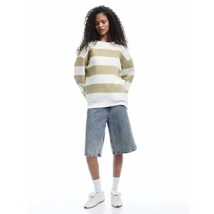 Kadın Giyim Üç İplik Şardonlu Çizgili Bisiklet Yaka Oversize Sweatshirt - KOTON - 6WAL10223IK - HAKİ ÇİZGİLİ - L