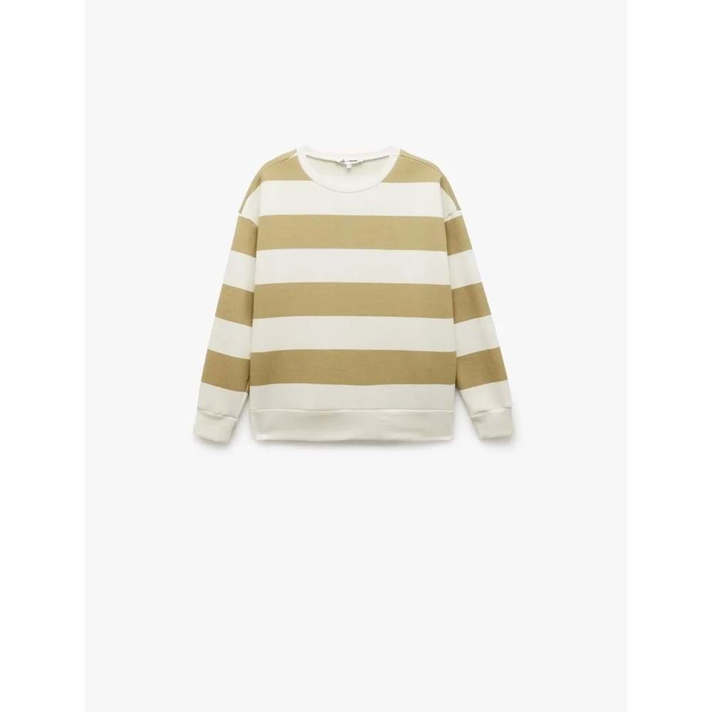 Kadın Giyim Üç İplik Şardonlu Çizgili Bisiklet Yaka Oversize Sweatshirt - KOTON - 6WAL10223IK - HAKİ ÇİZGİLİ - L