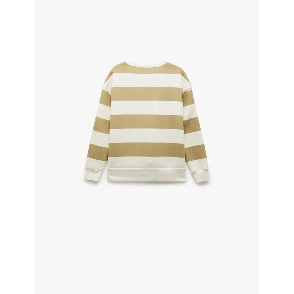 Kadın Giyim Üç İplik Şardonlu Çizgili Bisiklet Yaka Oversize Sweatshirt - KOTON - 6WAL10223IK - HAKİ ÇİZGİLİ - L