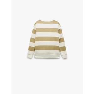 Kadın Giyim Üç İplik Şardonlu Çizgili Bisiklet Yaka Oversize Sweatshirt - KOTON - 6WAL10223IK - HAKİ ÇİZGİLİ - L