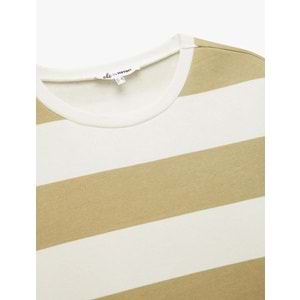 Kadın Giyim Üç İplik Şardonlu Çizgili Bisiklet Yaka Oversize Sweatshirt - KOTON - 6WAL10223IK - HAKİ ÇİZGİLİ - L