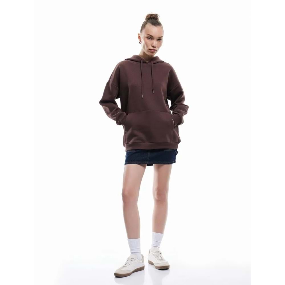 Kadın Giyim Üç İplik Şardonlu Kanguru Cepli Basic Kapüşonlu Sweatshirt - KOTON - 6WAL10224IK - KAHVERENGİ - S