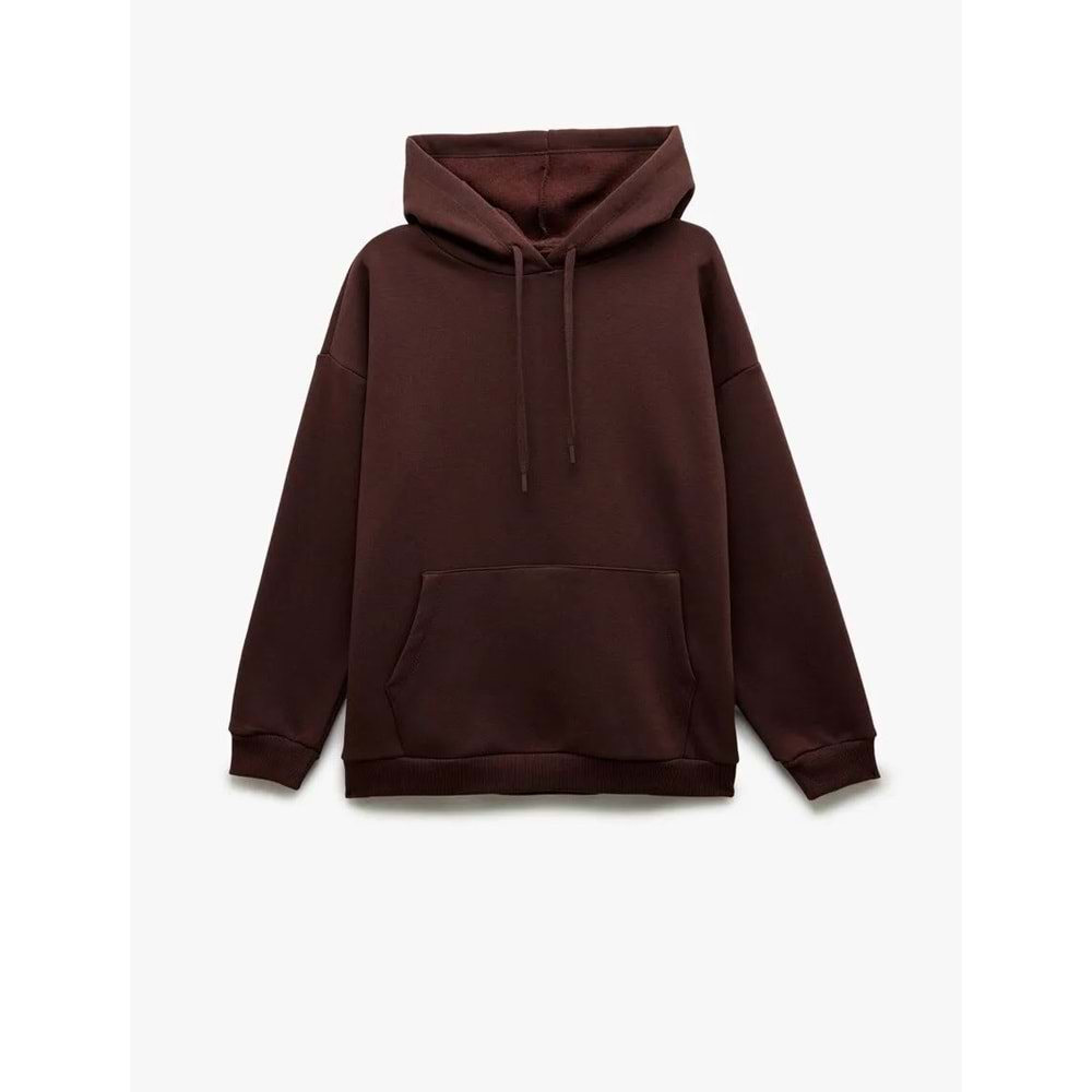 Kadın Giyim Üç İplik Şardonlu Kanguru Cepli Basic Kapüşonlu Sweatshirt - KOTON - 6WAL10224IK - KAHVERENGİ - S