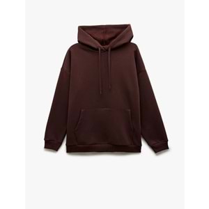Kadın Giyim Üç İplik Şardonlu Kanguru Cepli Basic Kapüşonlu Sweatshirt - KOTON - 6WAL10224IK - KAHVERENGİ - S