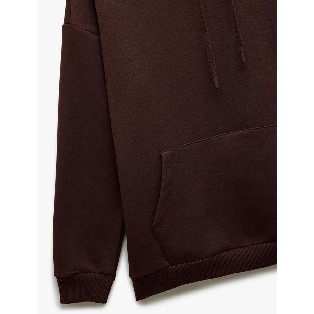 Kadın Giyim Üç İplik Şardonlu Kanguru Cepli Basic Kapüşonlu Sweatshirt - KOTON - 6WAL10224IK - KAHVERENGİ - S