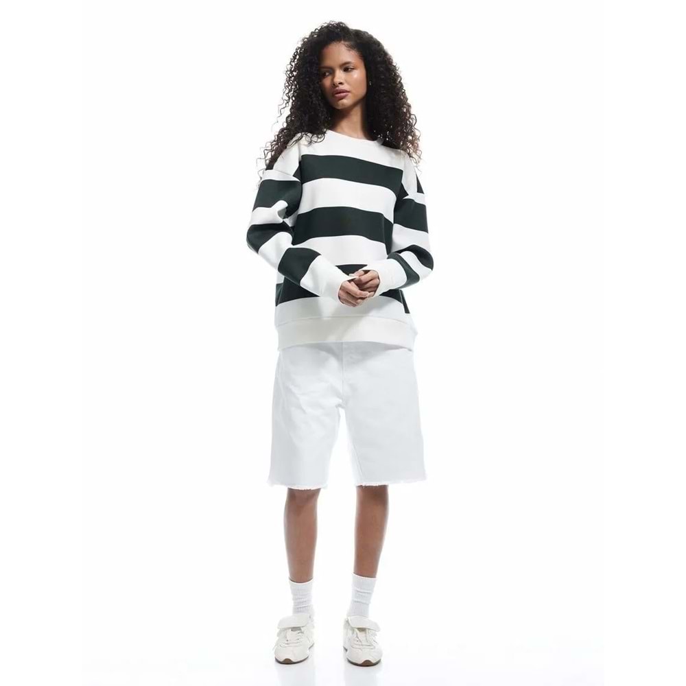 Kadın Giyim Üç İplik Şardonlu Çizgili Bisiklet Yaka Sweatshirt - KOTON - 6WAL10227IK - YEŞİL ÇİZGİLİ - XS