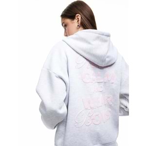 Kadın Giyim Şardonlu Kanguru Cepli Kapüşonlu Fiyonklu Arkası Baskılı Fermuarlı Oversize Sweatshirt - KOTON - 6WAL10228IK - KAR MELANJ - M-L