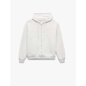 Kadın Giyim Şardonlu Kanguru Cepli Kapüşonlu Fiyonklu Arkası Baskılı Fermuarlı Oversize Sweatshirt - KOTON - 6WAL10228IK - KAR MELANJ - M-L