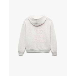 Kadın Giyim Şardonlu Kanguru Cepli Kapüşonlu Fiyonklu Arkası Baskılı Fermuarlı Oversize Sweatshirt - KOTON - 6WAL10228IK - KAR MELANJ - M-L