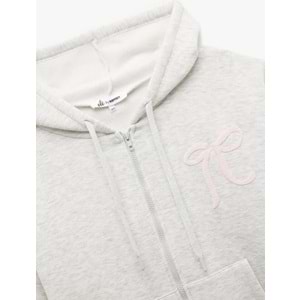 Kadın Giyim Şardonlu Kanguru Cepli Kapüşonlu Fiyonklu Arkası Baskılı Fermuarlı Oversize Sweatshirt - KOTON - 6WAL10228IK - KAR MELANJ - M-L